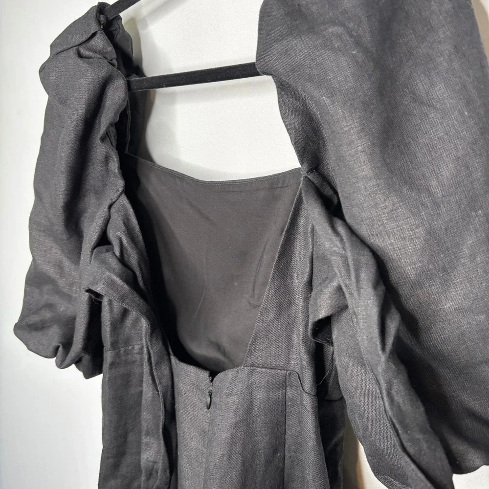 Sezane Editions Armida Dress Size 36/4 Black Linen Puff Sleeve Tie Back Mini - Picture 10 of 15